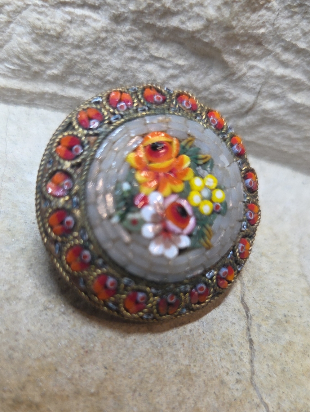 Vintage Floral Micro Mosaic Brooch with Brass Accents - Picture 3 of 5